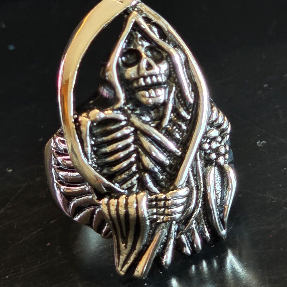 Size 8 Mens Stainless Steel Punk Rock Gothic Grim Reaper Skeleton Biker Ring